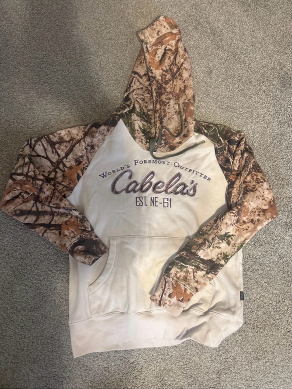 Cabela's Cream Pullover Hoodie with Camo Sleeves